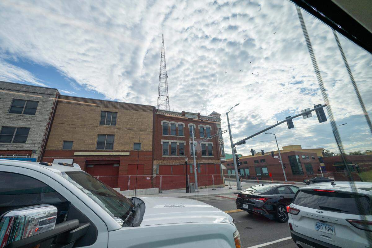 The recently relit KCTV Broadcast Tower can be seen from inside the KC Streetcar during a preview ride of the Main Street extension, on Wednesday, Oct. 15.