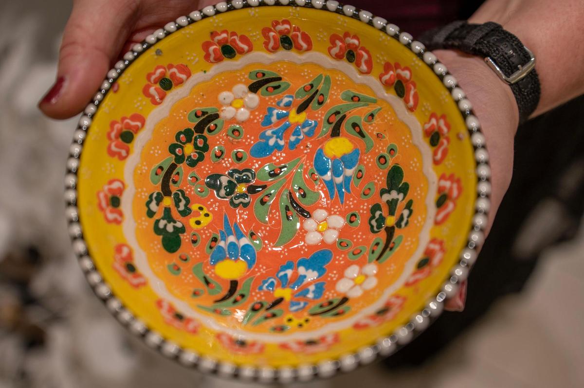 A decorative dish hand-painted in Turkey is available at European Furniture Center.
