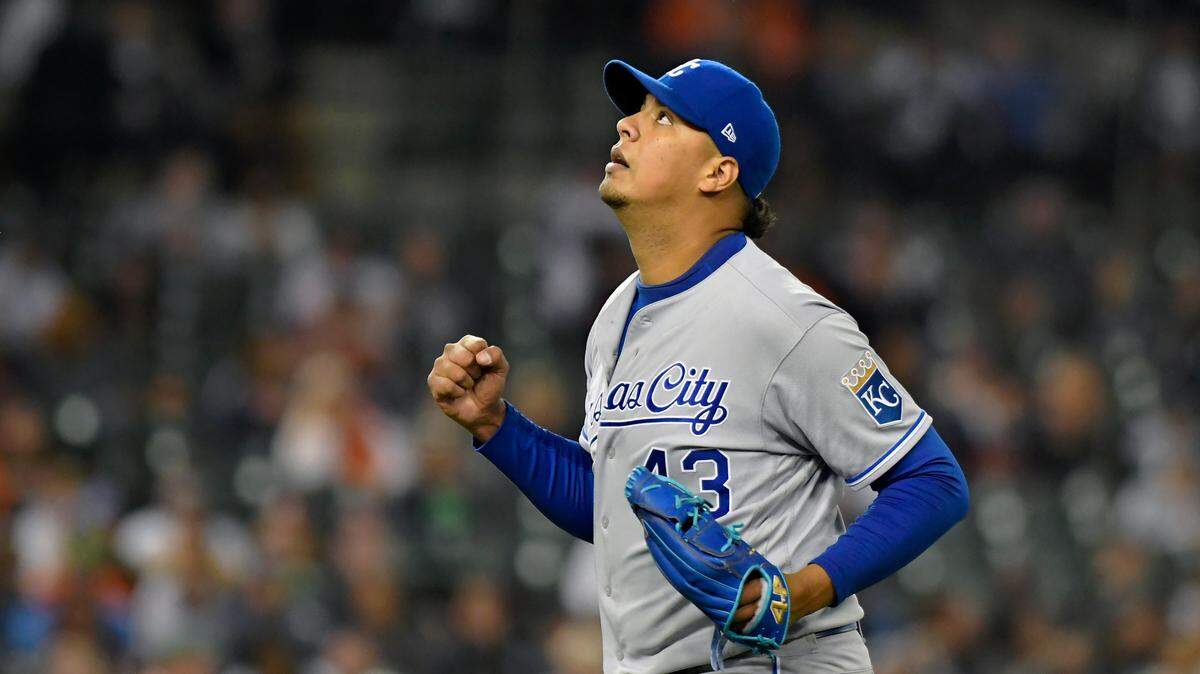 Kansas City Royals starting pitcher Carlos Hernandez reacts after getting the final out of the fifth inning against the Detroit Tigers during a baseball game, Friday, Sept. 24, 2021, in Detroit. (AP Photo/Jose Juarez)