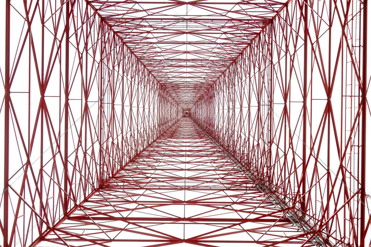 The dizzying view from the ground looking up inside the KCTV tower at 125 E. 31st St.