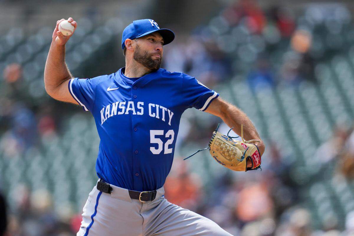 Kansas City Royals pitcher Michael Wacha throws against the Tigers during a Major League Baseball game at Comerica Park in Detroit on Sunday, April 20, 2025.