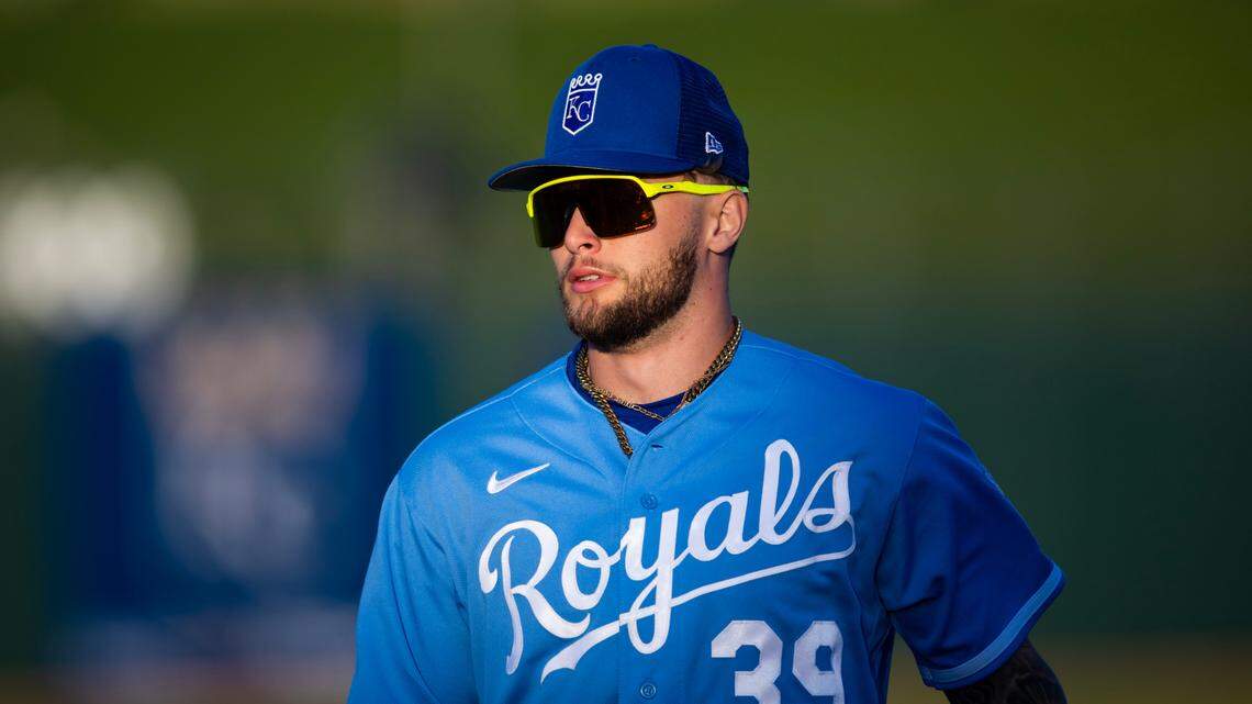 Kansas City Royals designated hitter Carter Jensen against the Los Angeles Dodgers during a spring training game at Surprise Stadium on March 4, 2023.