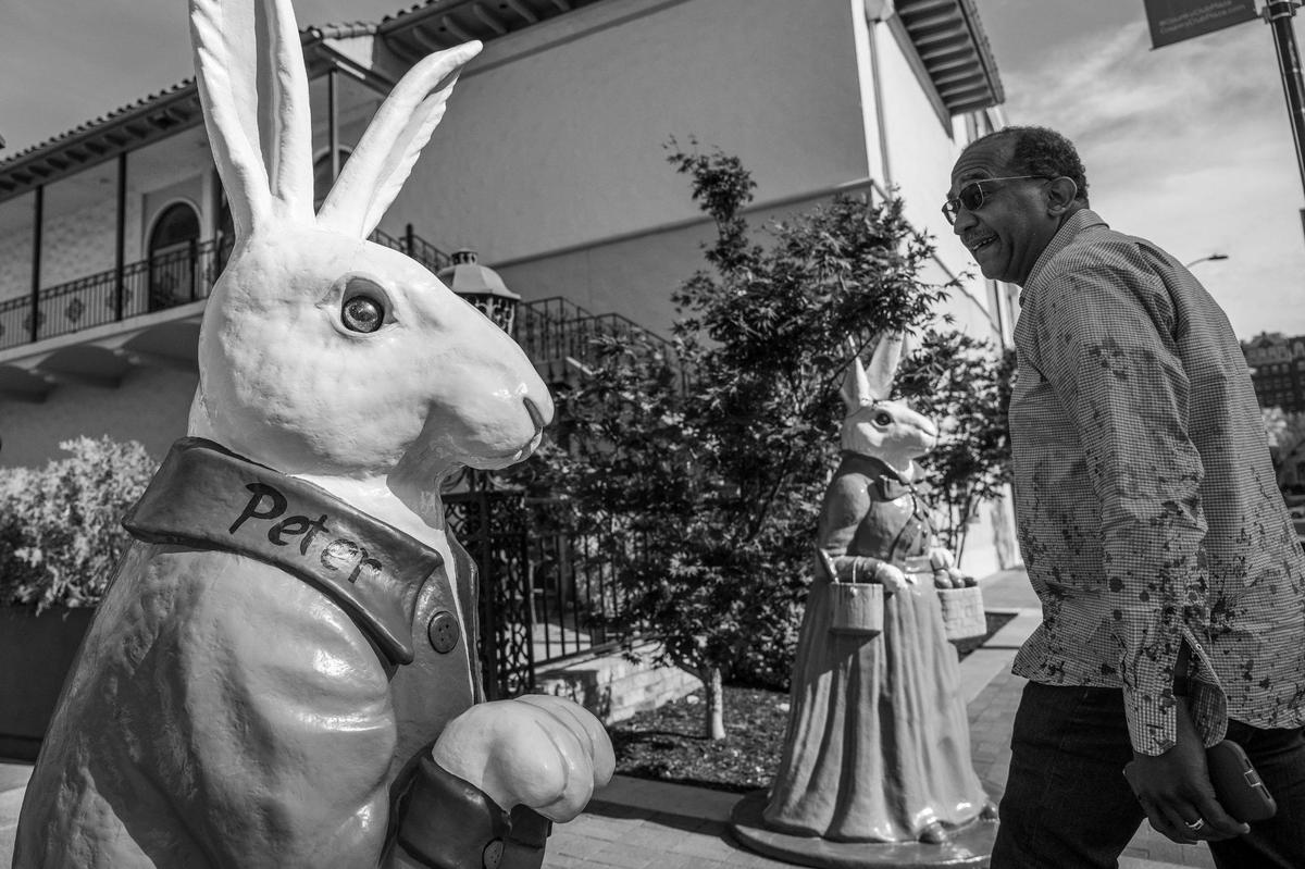 A visitor entering the Cheesecake Factory glances at an Easter bunny sculpture named Peter at the Country Club Plaza on Monday, April 14, 2025.