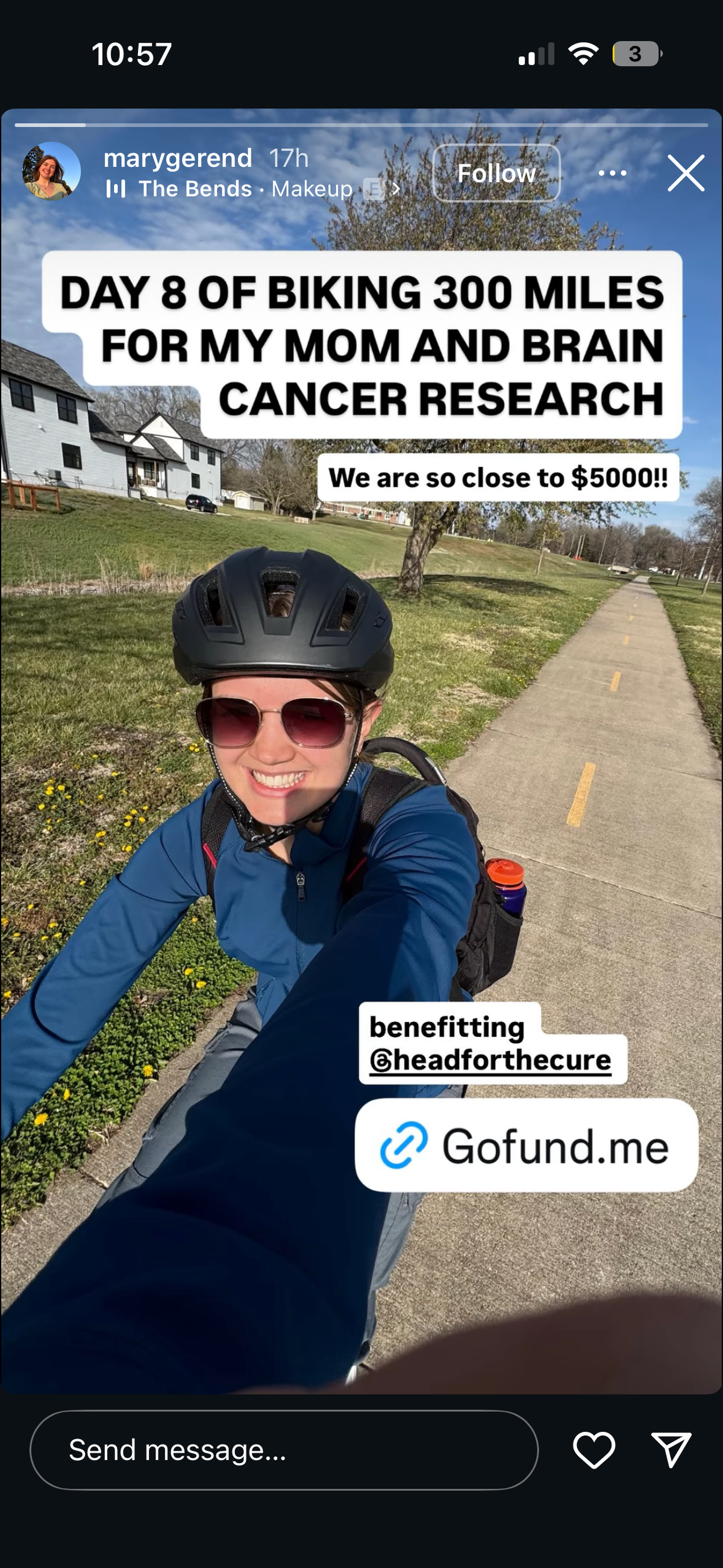 During the month of April, Mary Gerend, 21, plans to bike 300 miles in a fundraiser for brain cancer research. Her mom, Amy Gerend, of North Kansas City, was diagnosed with Glioblastoma, a stage 4 brain tumor. Mary hopes to raise $5,000 and already has brought in more than $4,200. She updates her Instagram page as she bikes each day.