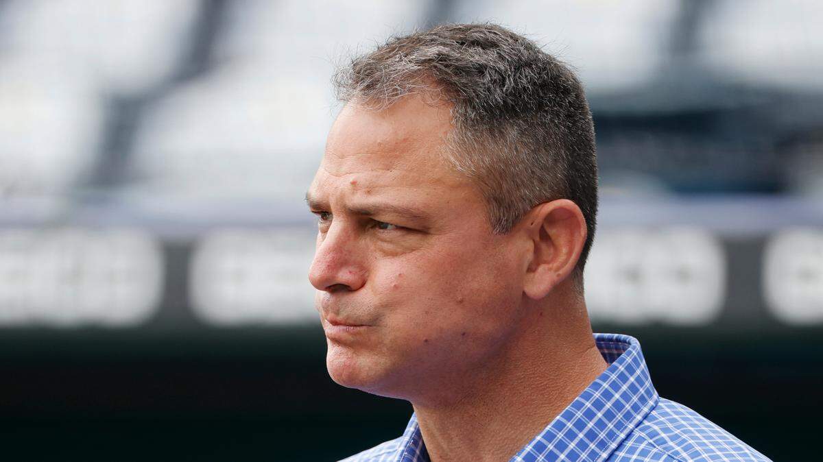 Kansas City Royals General Manager J.J. Picollo watches batting practice before a baseball game against the Houston Astros in Kansas City, Mo., Saturday, June 4, 2022. (AP Photo/Colin E. Braley)