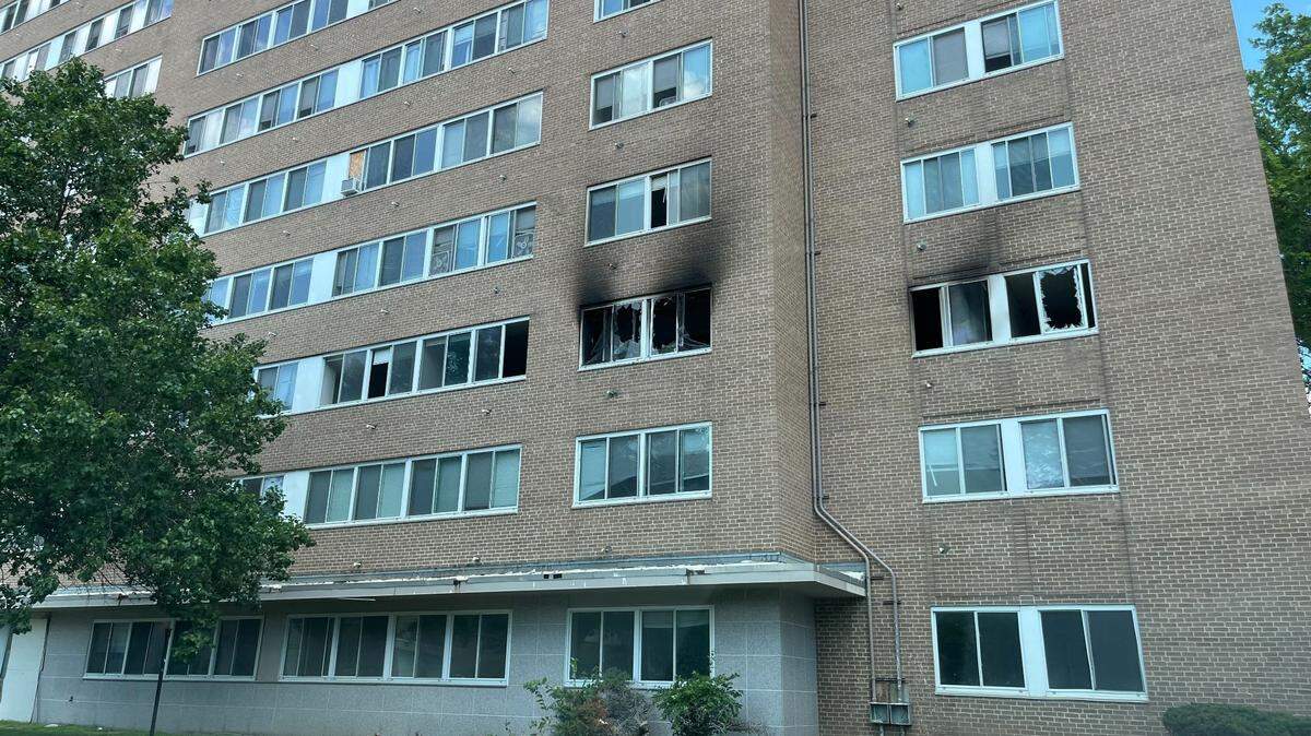 Fire damage sustained at Independence Towers on June 17, 2024, after firefighters were called out to douse an early morning blaze in a second floor apartment which displaced tenants in 27 apartment units over three floors.