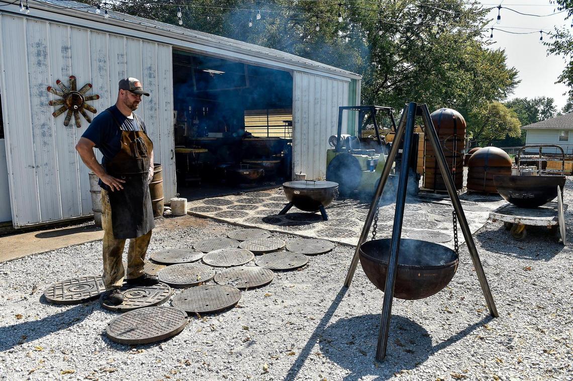 Brad Easley is creating new items to sell, such as this hanging fire pit, which is part of his “Outlaw” series.