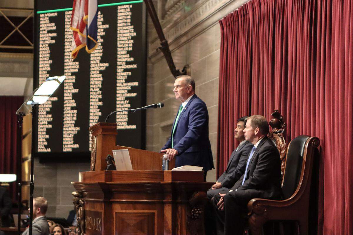 Missouri Gov. Mike Kehoe delivers his state of the state address to Missouri lawmakers on Jan. 13, 2026.