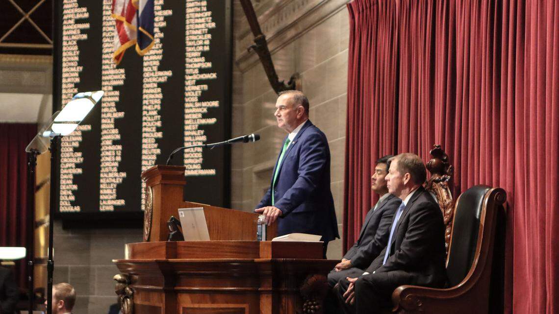 Missouri Gov. Mike Kehoe delivers his state of the state address to Missouri lawmakers on Jan. 13, 2026.
