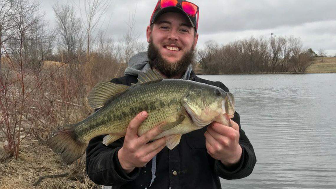 Jake Kautz shows off a 5.5-pound bass caught in Gopher Lake at the James A. Reed wildlife area.