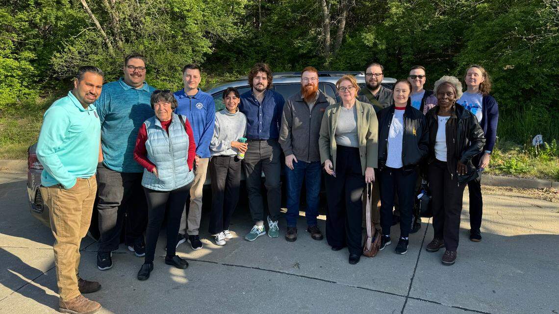 County legislators Manny Abarca and Jalen Anderson (left) are pictured offsite with Local 955 organizers. Earlier that day the group had met with Rose Brooks Center leadership seeking union recognition.