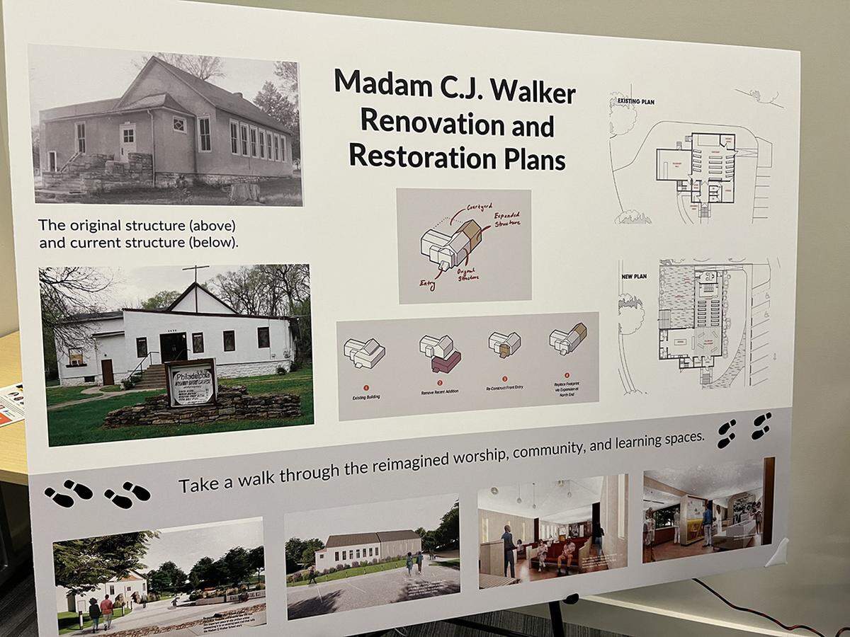 A poster of renovation plans for the Madame C.J. Walker School in Merriam, Kansas