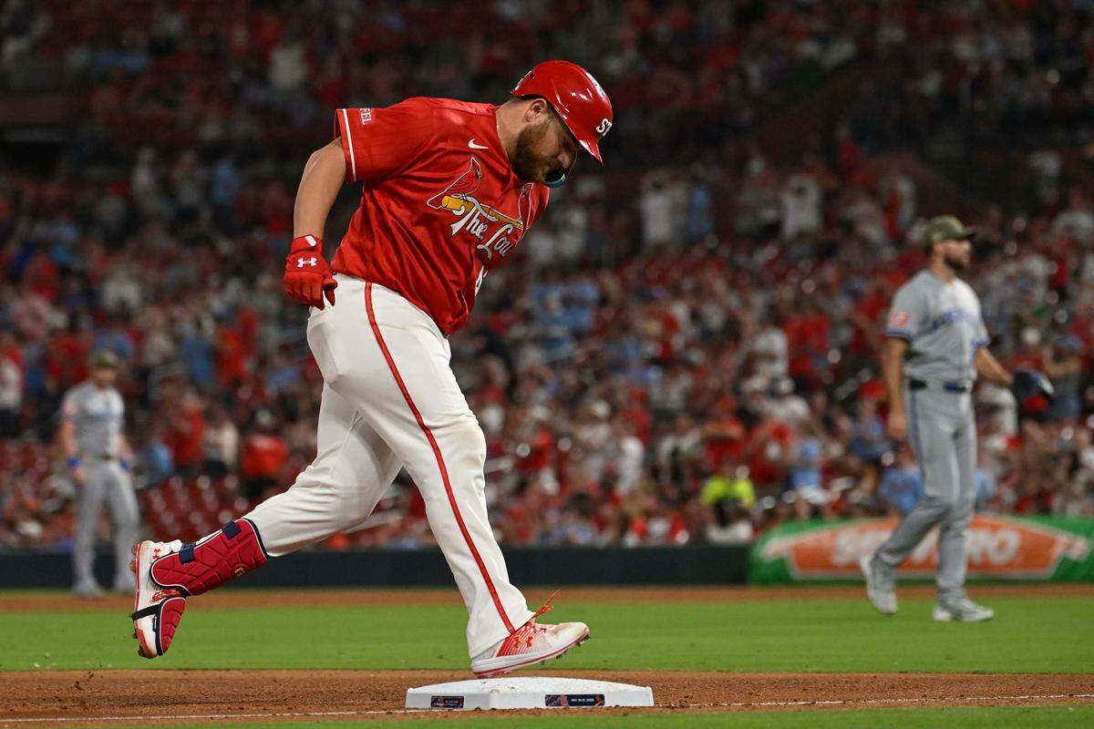 ST LOUIS, MISSOURI - MAY 15: Pedro Pagés #43 of the St. Louis Cardinals rounds the bases after hitting a solo home run against the Kansas City Royals in the fifth inning at Busch Stadium on May 15, 2026 in St Louis, Missouri. (Photo by Joe Puetz/Getty Images)