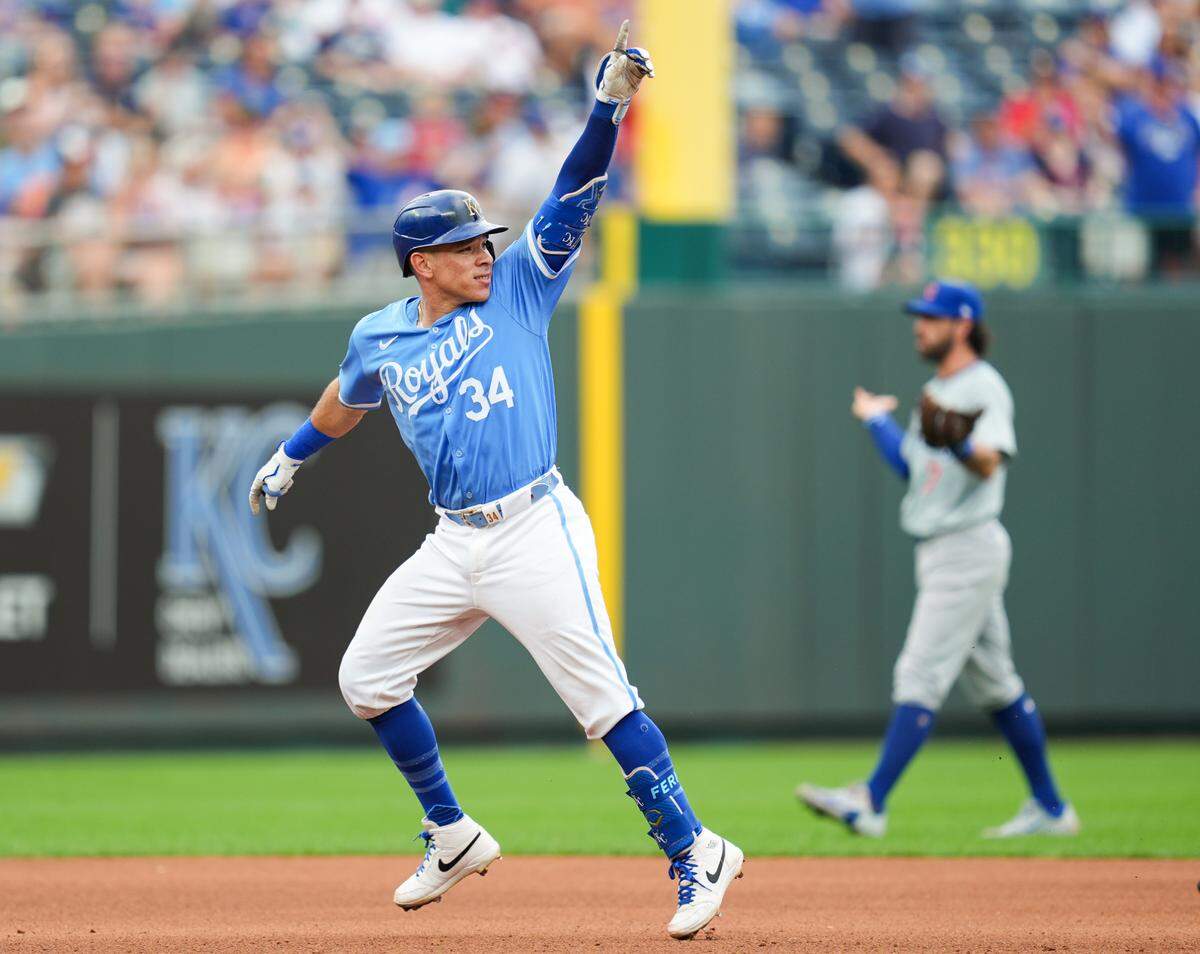 Kansas City Royals catcher Freddy Fermin rounds the bases after hitting a home run against the Chicago Cubs on Sunday afternoon at Kauffman Stadium.