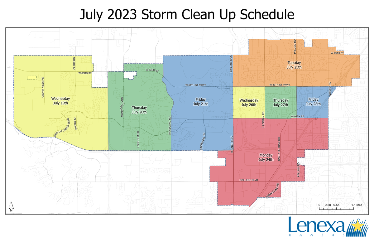 This map shows the days on which the City of Lenexa will collect curbside debris from Friday’s storm. Curbside collection begins on Wednesday, July 19 and ends on Friday, July 28, with no collection over the weekend.