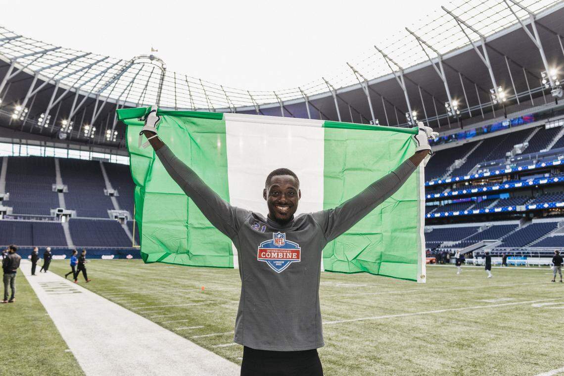 Kehinde Hassan Oginni is pictured at the NFL International Combine held in London in 2021.