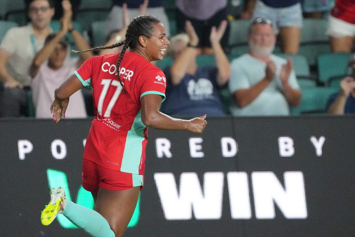 Kansas City Current forward Michelle Cooper celebrates her goal against Mamelodi Sundowns Wednesday evening at CPKC Stadium.