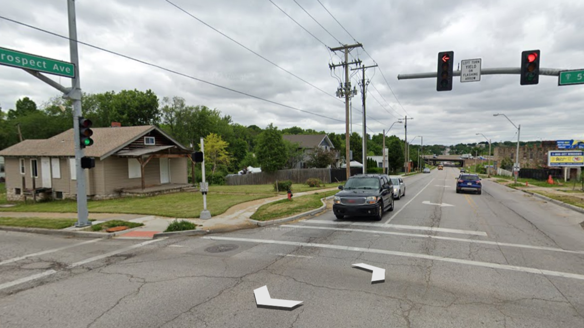 The intersection of E 51st Street and Prospect Avenue in Kansas City, Missouri, captured by Google Earth on June 19, 2023. Kansas City police are investigating after a man was found with fatal gunshot wounds in the area on Tuesday afternoon.