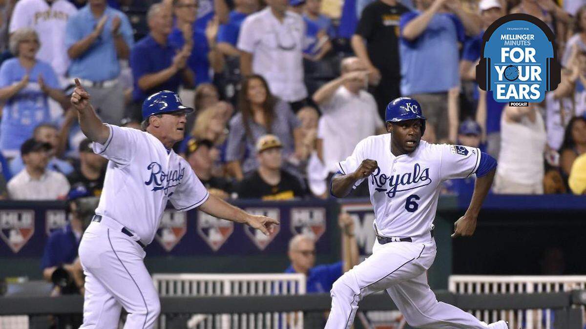 Kansas City Royals’ Lorenzo Cain (6) heads for home as third base coach Mike Jirschele waves him on after Eric Hosmer hit a triple in the seventh inning during Monday’s baseball game against the Pittsburgh Pirates on July 20, 2015 at Kauffman Stadium in Kansas City, Mo.
