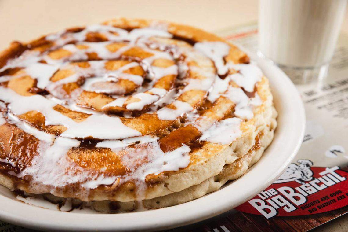 The Big Biscuit’s cinnamon roll pancakes (caramelized brown sugar and cinnamon swirled into its buttermilk pancakes and finished with icing).