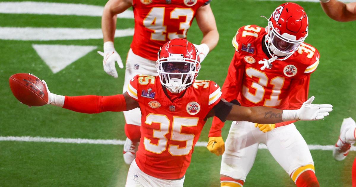 Kansas City Chiefs cornerback Jaylen Watson (35) celebrates after recovering a fumbled punt return attempt by the San Francisco 49ers in the second half of Super Bowl LVIII, Sunday, Feb. 11, 2024, in Las Vegas.