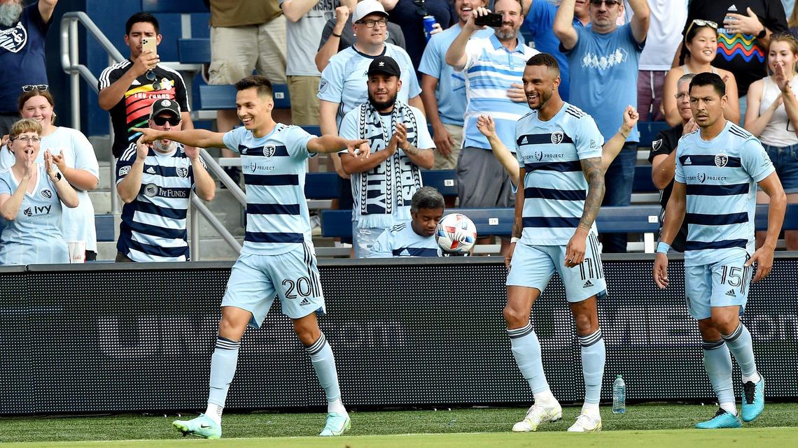 Sporting Kansas City’s Dániel Sallói (20) celebrates his first of two goals in the first half in the match against the Colorado Rapids at Children’s Mercy Park on Wednesday, June 23, 2021. Sporting KC led 2-0 at the half and won 3-1.