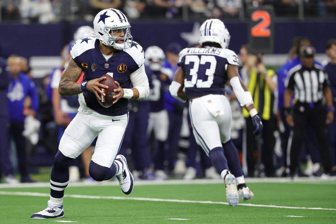 Dallas Cowboys quarterback Dak Prescott looks to pass against the Kansas City Chiefs during an NFL Week 13 game at AT&T Stadium in Arlington, Texas on Thanksgiving Day, Thursday, Nov. 27, 2025.