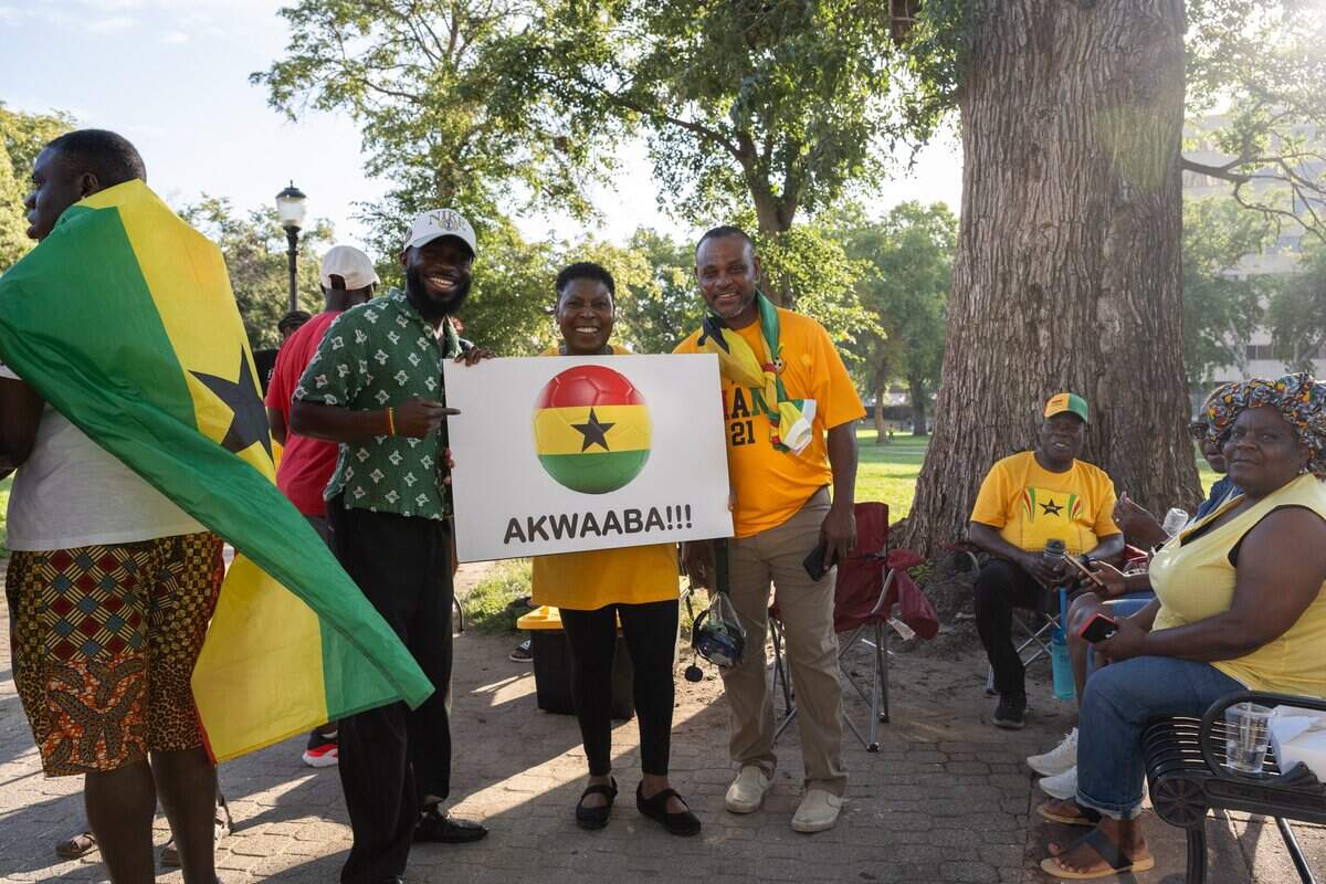 Ghanian fans hold a ‘jama,’ Ghanian for cheer or rally, on Thursday, July 2, 2026, the day before the Ghana soccer team faces Colombia in a Round of 32 match in Kansas City.