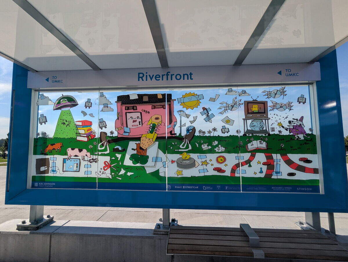 Kai Johnson’s piece titled, ‘Home is Imagination,’ at the Riverfront streetcar shelter.