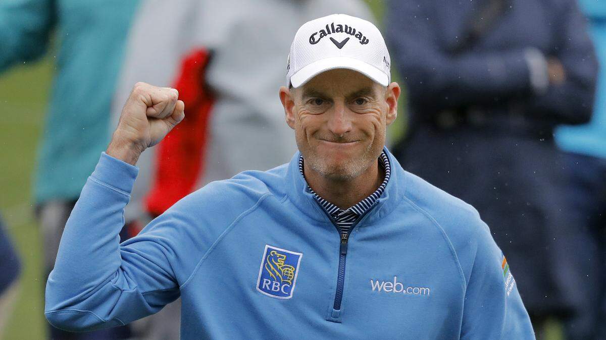 Jim Furyk pumps his fist after making a birdie on the ffifth hole during the final round of The Players Championship golf tournament Sunday, March 17, 2019, in Ponte Vedra Beach, Fla. (AP Photo/Gerald Herbert)