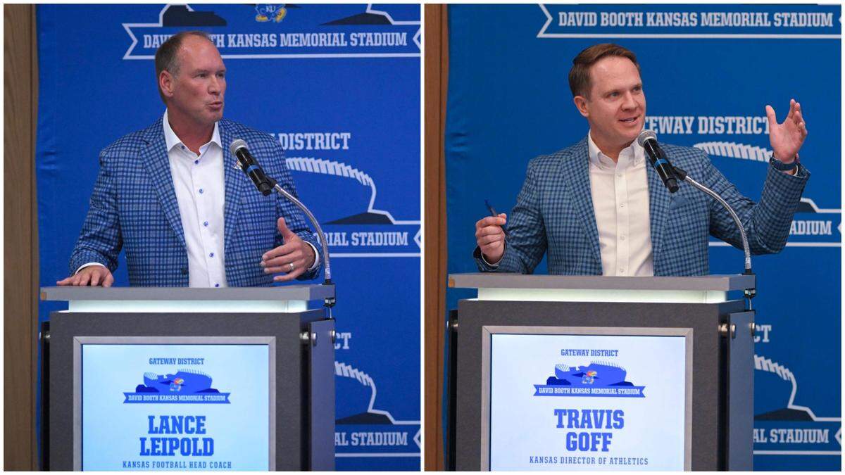How connected are Kansas football coach Lance Leipold (left) and athletic director Travis Goff (right)? At Tuesday’s stadium announcement, Leipold quipped of their similar attire: “We’re so aligned, Travis and I kind of went for the same jacket.”