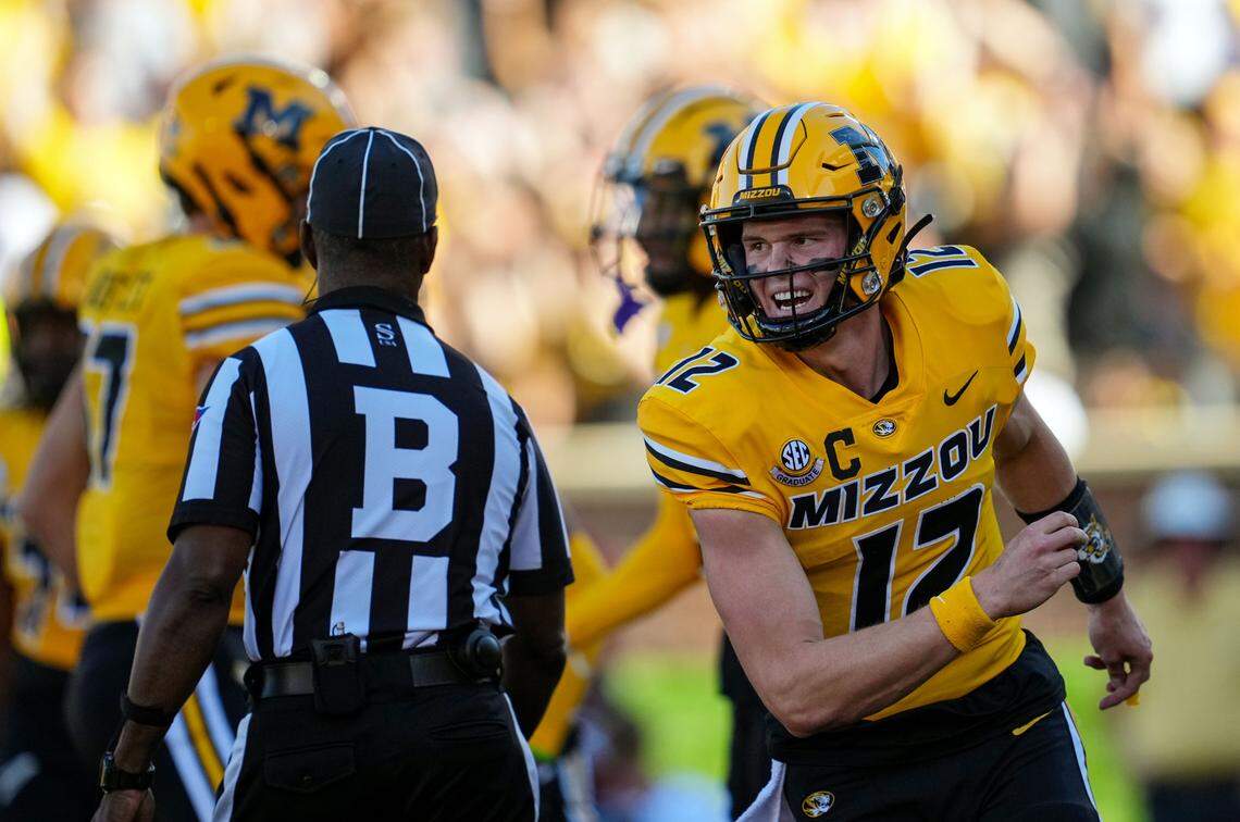 Missouri Tigers quarterback Brady Cook celebrates a touchdown during Saturday’s homecoming game against South Carolina at Faurot Field in Columbia.