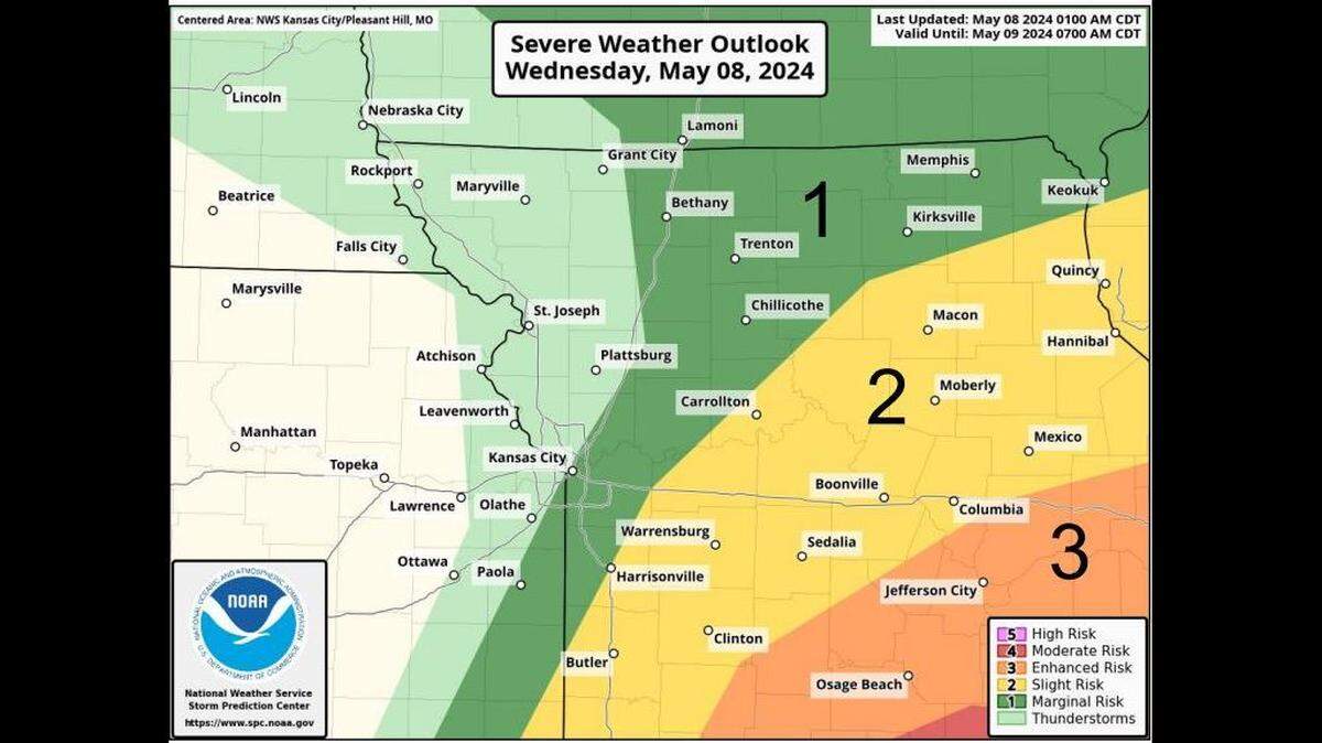 Strong to severe storms will be possible Wednesday afternoon primarily south and east of the Kansas City area. Very large hail the size of tennis balls will be possible, according to the National Weather Service. Damaging winds and a tornado or two also will be possible.