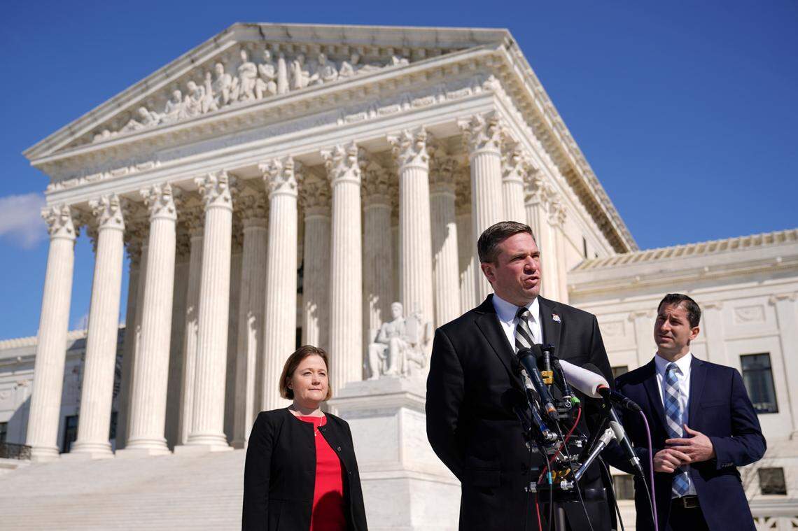 Missouri Attorney General Andrew Bailey speaks with reporters outside the U.S. Supreme Court in Washington on Feb. 28.
