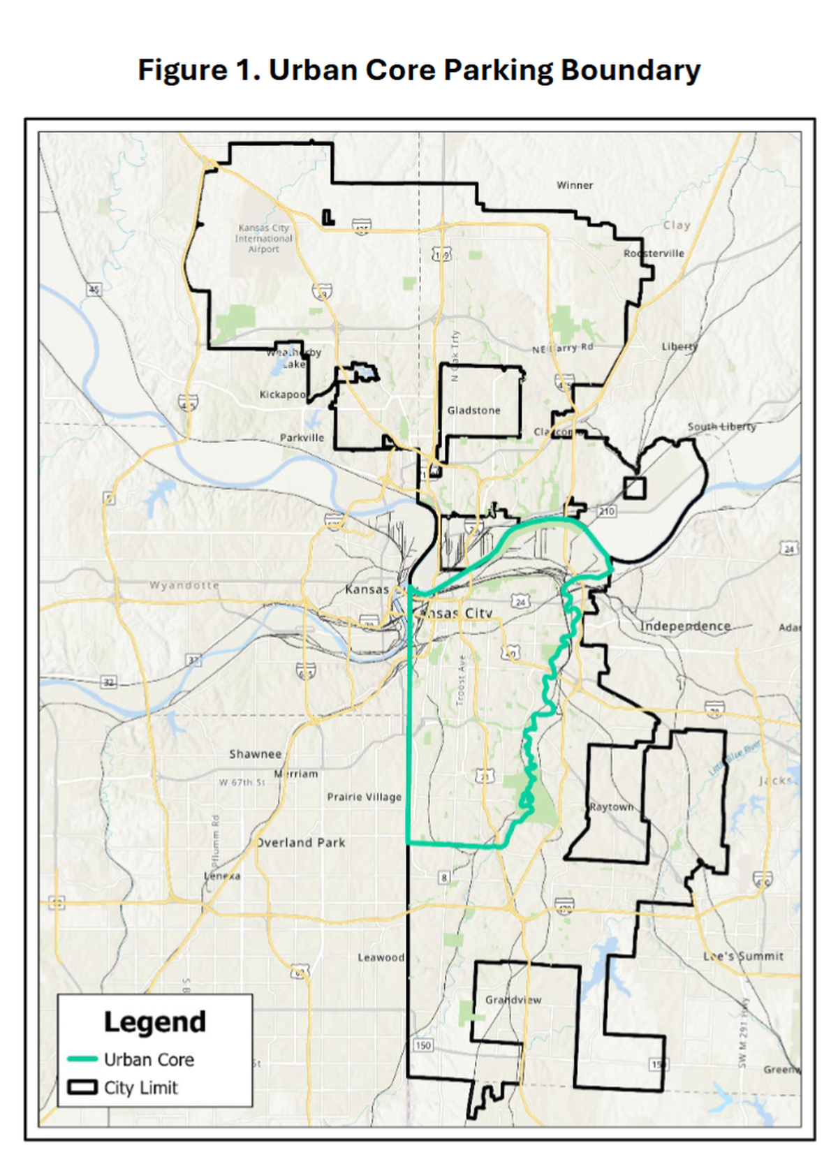 Parking requirements are likely to soon be eliminated in Kansas City’s “urban core,” outlined in green above.