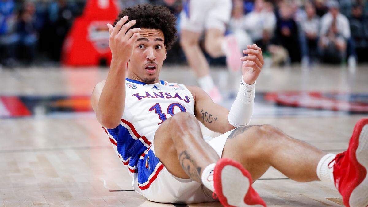 Jalen Wilson reacts from the ground during the State Farm Champions Classic at Gainbridge Fieldhouse in Indianapolis, In., Tuesday, November 15, 2022.
