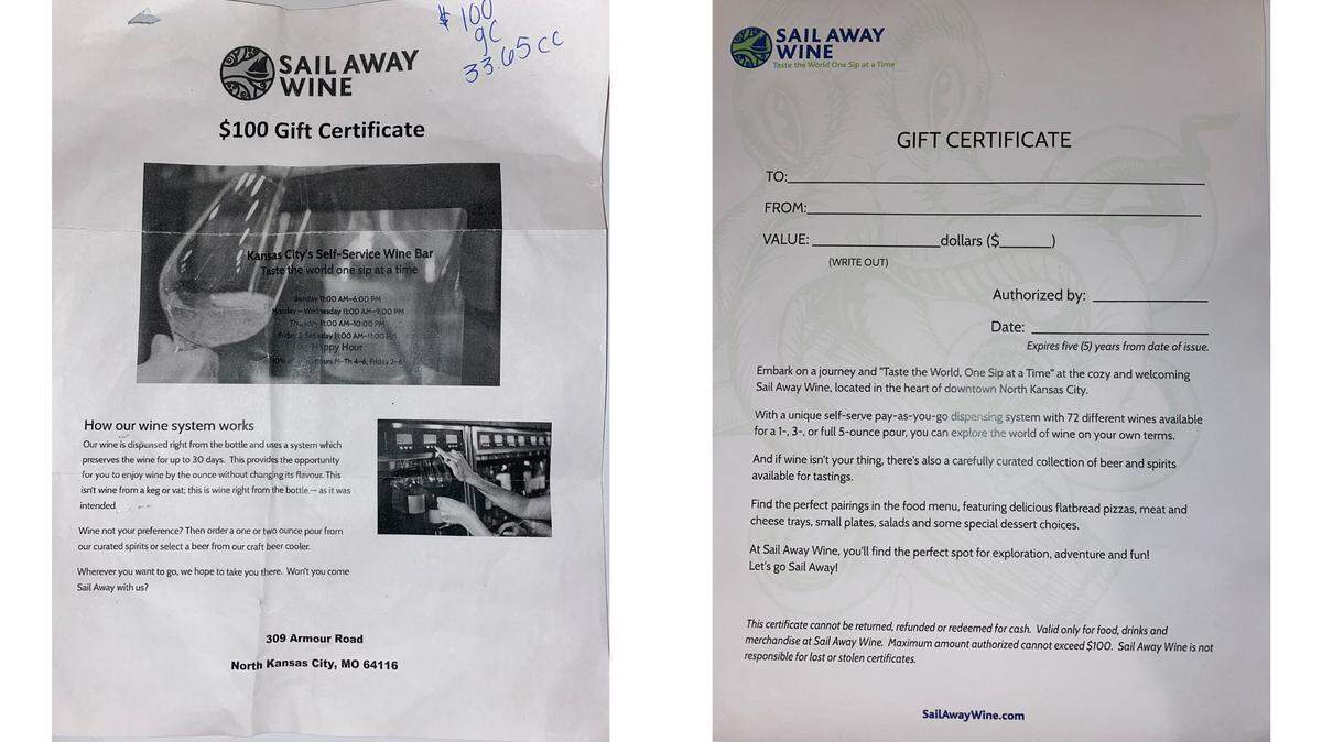 A counterfeit gift certificate used at Sail Away Wine in North Kansas City.