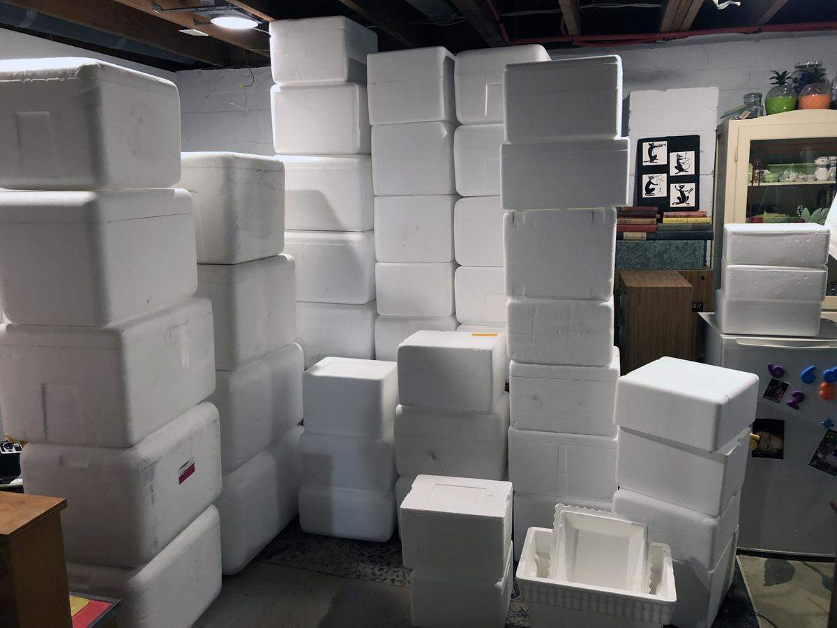 Donated styrofoam coolers fill the basement of the home Stephanie Lindquist-Johnson in Roeland Park. Lindquist Johnson and her son, Phillip Johnson, almost 6, have been making shelters for feral cats out of styrofoam coolers donated to her after she placed a post on Next Door, a neighborhood social media site. The shelters have beed donated back to people in the community looking to house outdoor cats, racoons or opossums from the frigid winter weather.
