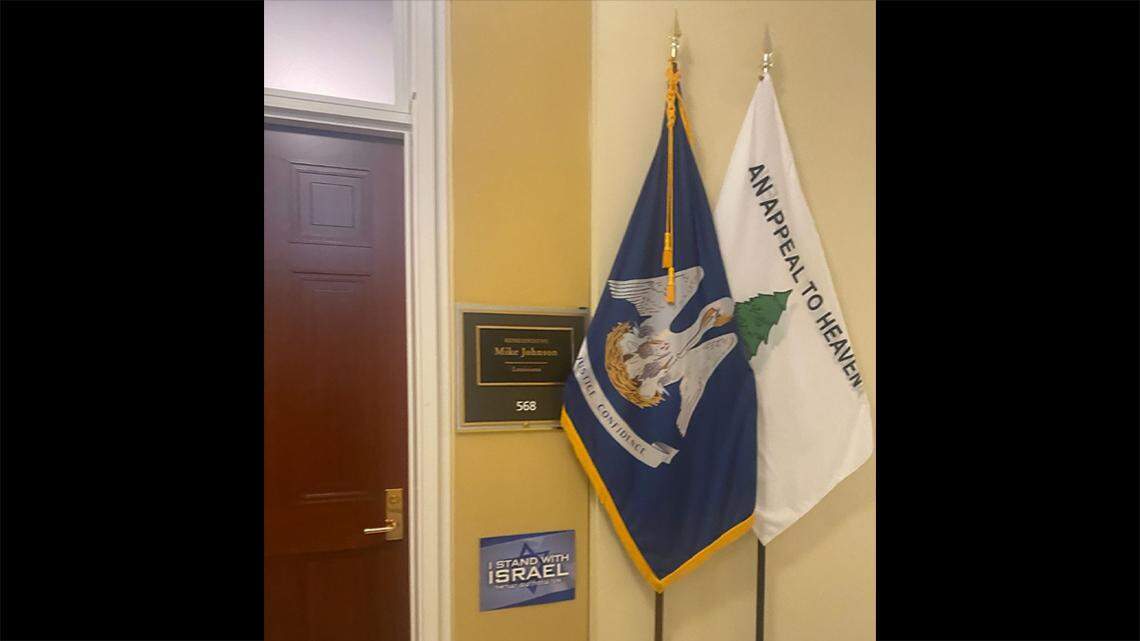 An “Appeal to Heaven” flag, used by Christian nationalists today, hangs outside the office of U.S. House Speaker Mike Johnson.