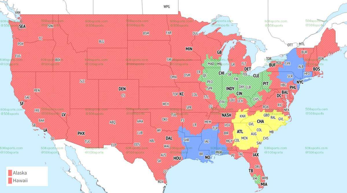 The Chiefs-Patriots game will air in parts of the country in red on this map.