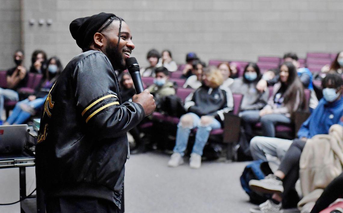Bernard “HARV” Harvey, the musical director for Justin Bieber, stopped by J.C. Harmon High School in Kansas City, Kansas, on Tuesday, to meet with about 150 music students at his alma mater. Harvey, who grew up in KCK, surprised the students with a donation of instruments for the school.