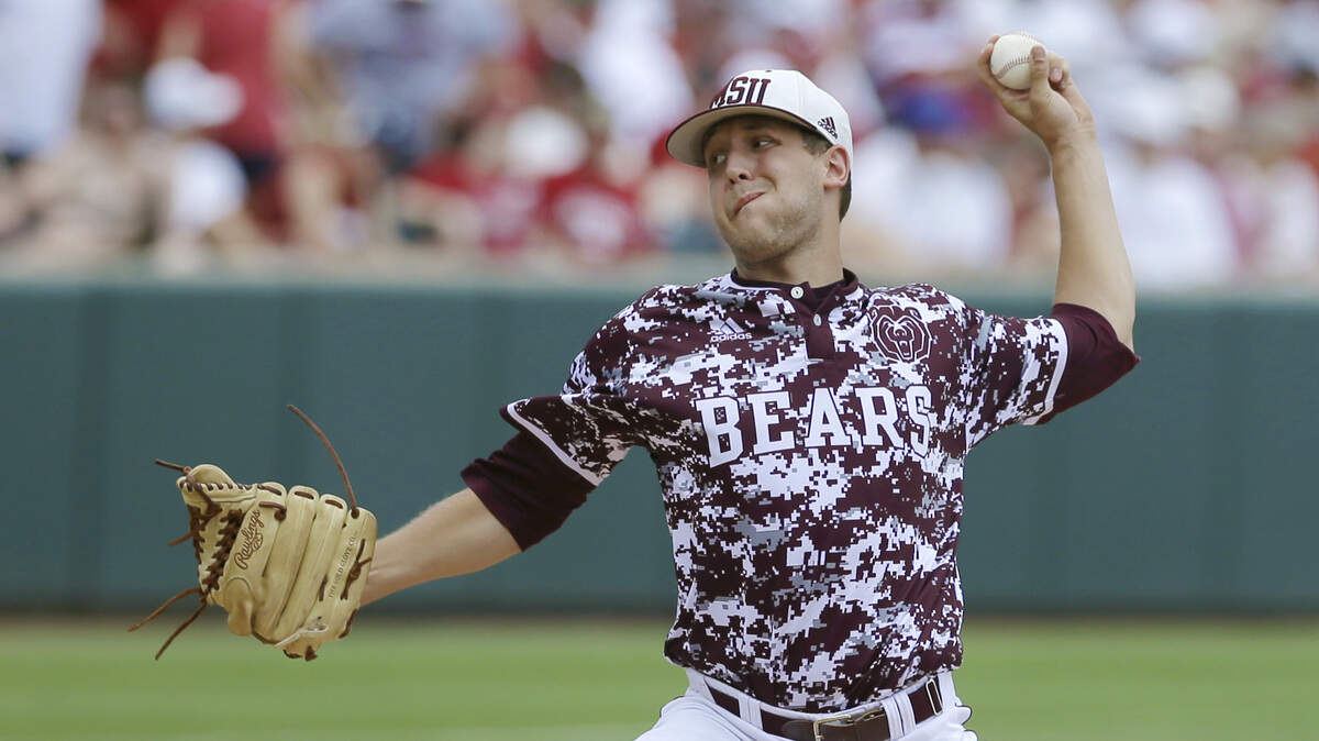 Missouri State’s Matt Hall pitches during the first inning in a super regional of the NCAA college baseball tournament game against Arkansas in Fayetteville, Ark., Saturday, June 6, 2015. (AP Photo/Danny Johnston)