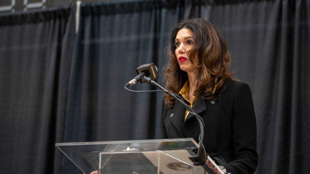 Mizzou Director of Athletics Desiree Reed-Francois speaks during a press conference at Mizzou Arena in the Albrecht Family Practice Facility on Tuesday, March 22, 2022.