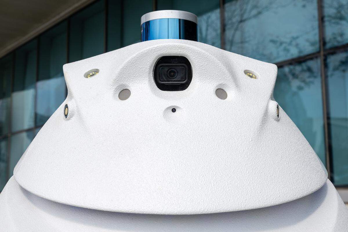 A camera is seen on Lance, a security robot patrolling Patmos' headquarters at the former Kansas City Star building, on Wednesday, Sept. 10, 2025, in Kansas City. Lance is part of Patmos' efforts to enhance safety downtown.