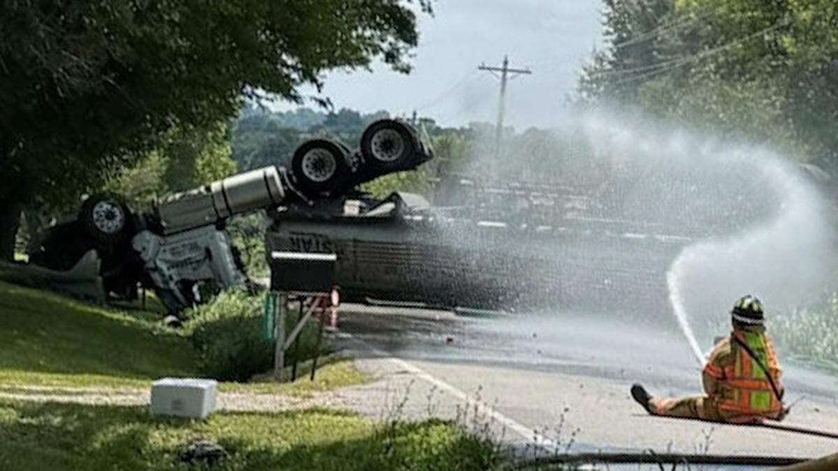 A truck carrying gasoline overturned near Kearney and dumped more than 5,000 gallons of gas on Monday, officials said. The road reopened to the public Saturday.
