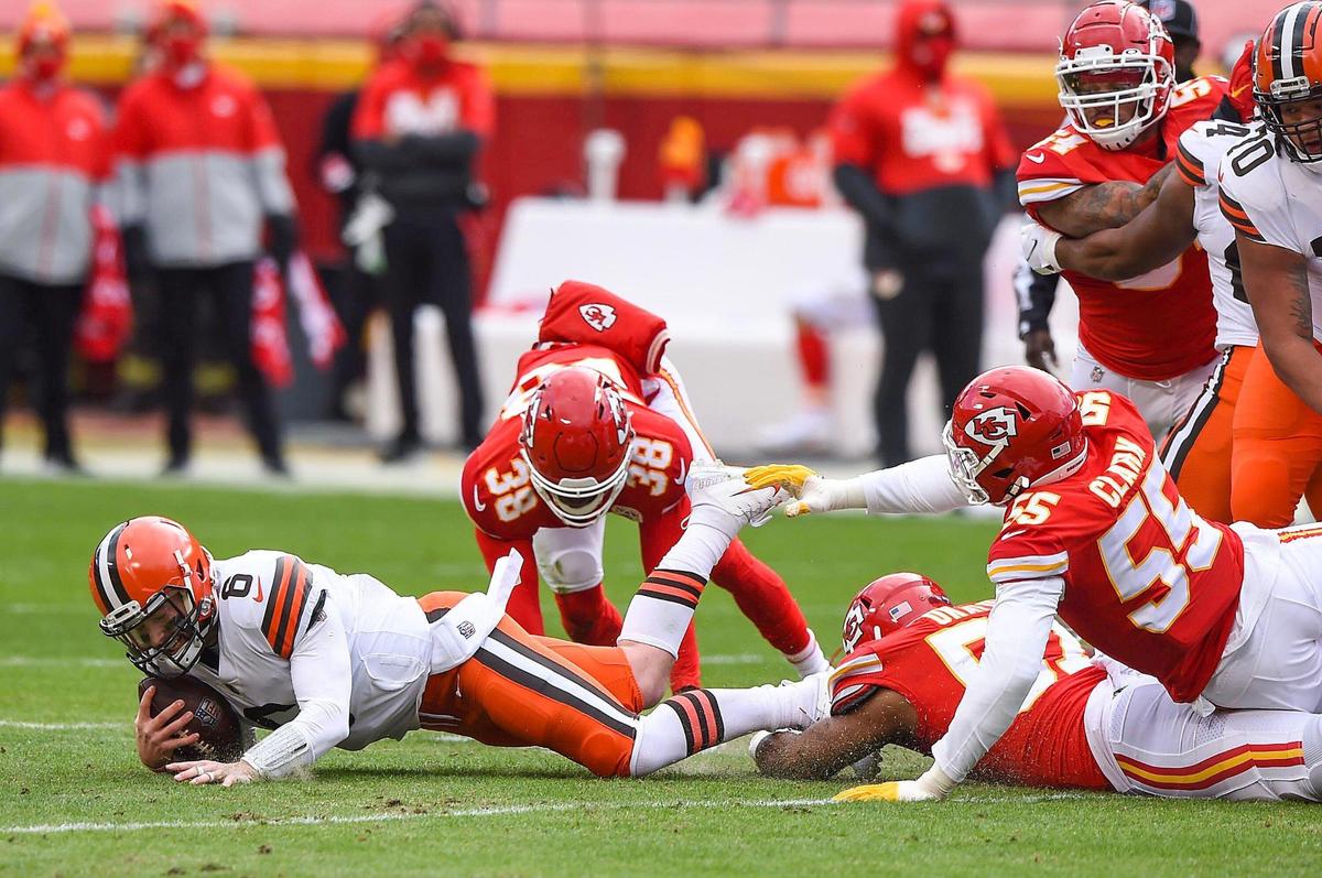 Kansas City Chiefs cornerback L’Jarius Sneed, 38, sacks Cleveland Browns quarterback Baker Mayfield in the first quarter Sunday, January 17, 2021, at Arrowhead Stadium in Kansas City, Missouri.
