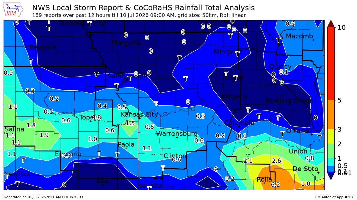 For the second time in as many days, morning storms brought heavy rains to the Kansas City metro on Friday. Nearly two inches of rain fell in a narrow band across the metro while some areas saw little rain. This map from the Iowa Environmental Mesonet at Iowa State University shows where the heaviest rains fell in the region.