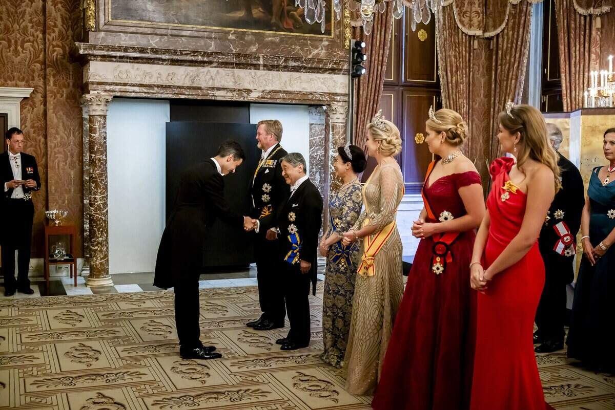 Emperor of Japan Naruhito (3rd from left) and his wife Empress Masako (center) pose with King Willem-Alexander of Netherlands (second from left), Queen Maxima of Netherlands and Princesses Amalia and Ariane (R) before a state banquet at the Royal Palace in Amsterdam on June 17, 2026.