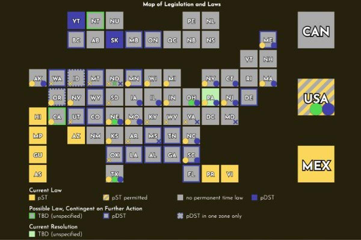 A map shows U.S. state actions on time changes as of 2025.
