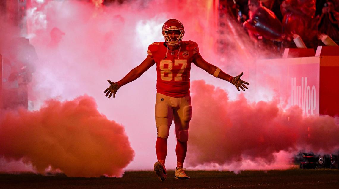 Kansas City Chiefs tight end Travis Kelce (87) comes onto the field during player introductions before the Chiefs’ game with the Tampa Bay Buccaneers on Monday, Nov. 4, 2024, at GEHA Field at Arrowhead Stadium.
